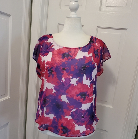 NWT Calvin Klein Tunic Layered Cap Sleeve Floral Blouse Size L Ret. $59 Colorful - Picture 1 of 9